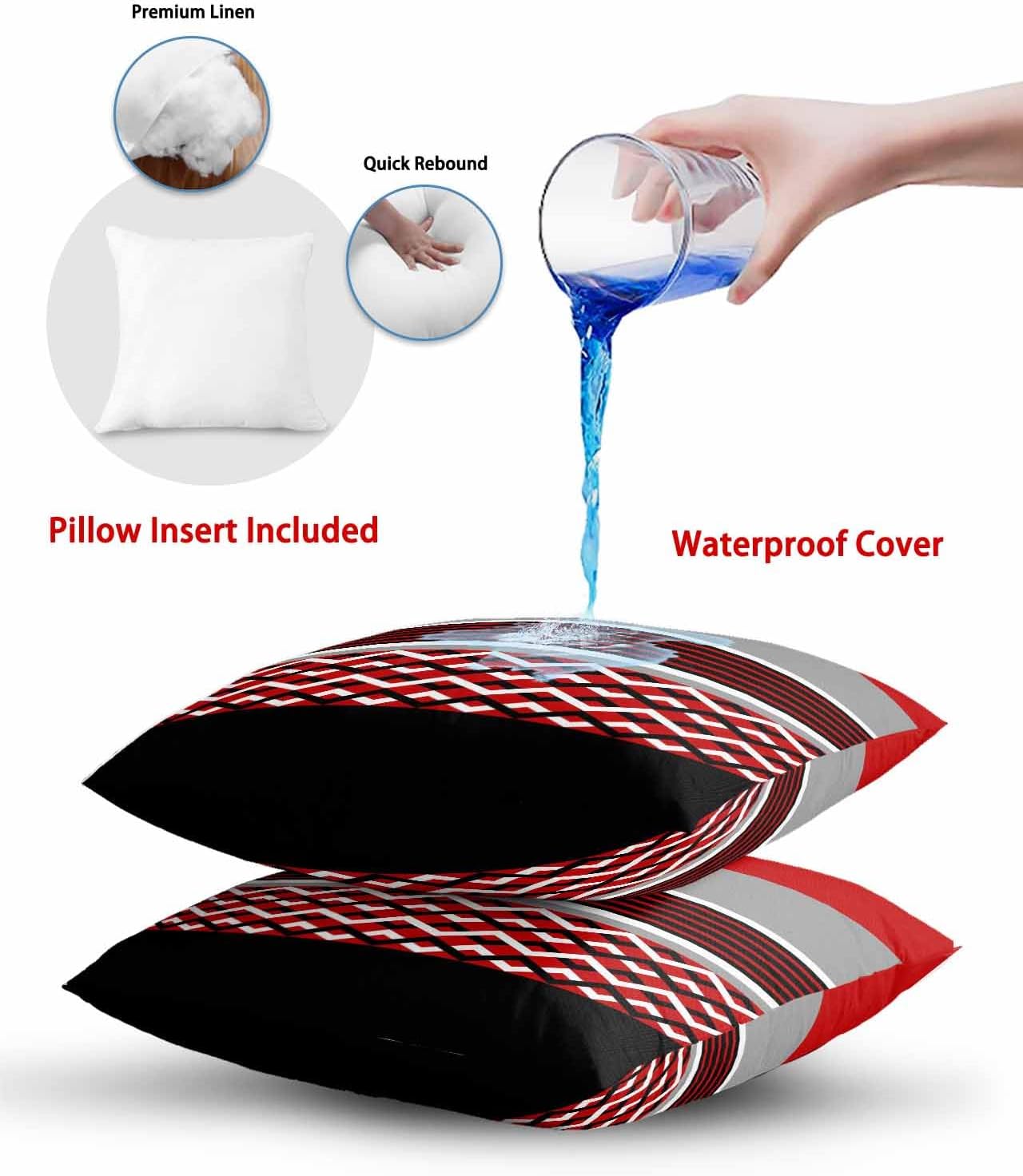 Outdoor Waterproof Throw Pillows Grey Red Black Stripe Line Patio Pillows Pack of 2,Decorative Pillow Covers with Insert,Pillow Cushion Case for Garden Couch Sofa White Zigzag Chevron Abstract Art