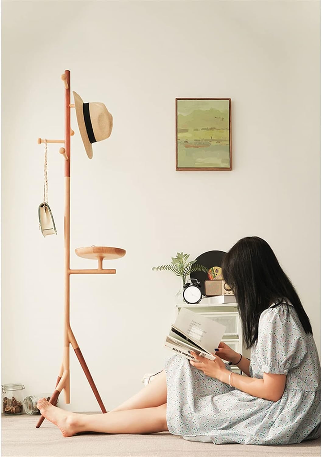 Hangers Free Standing Coat Rack Wooden Coat Rack Freestanding,Three-Legged Coat Rack with Storage Shelves, Vertical Rack Single Rod Coat Rack for Hanging Coats Hats Heavy Duty Coat Shelf