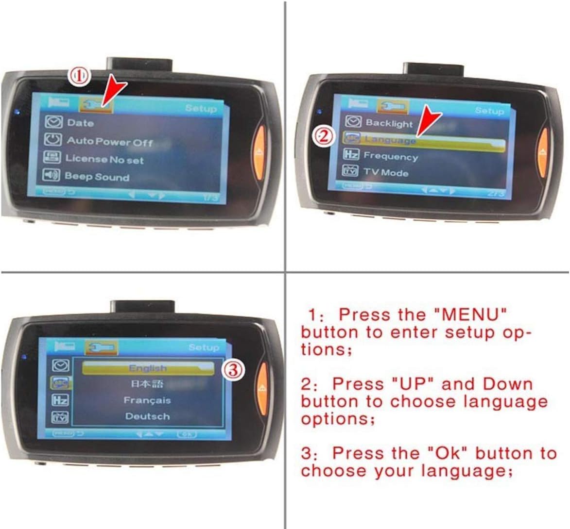 Four-panel image showing steps to change language settings on the dashcam
