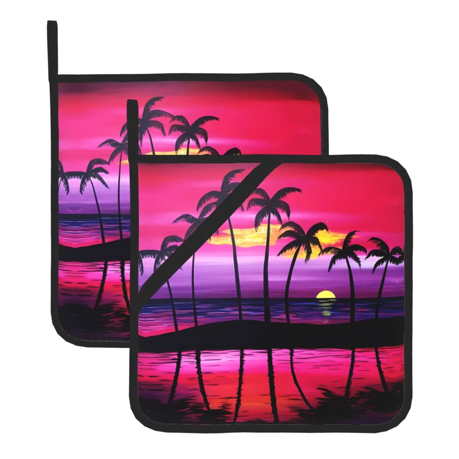 YYHHAOFA Tropical Palm Tree Prints Square Hot Pot Pads - Waterproof Kitchen Throw Layers for Countertop, Oven & Grill - Durable Heat Resistant Pads with Hanging Loop (2-Pack)