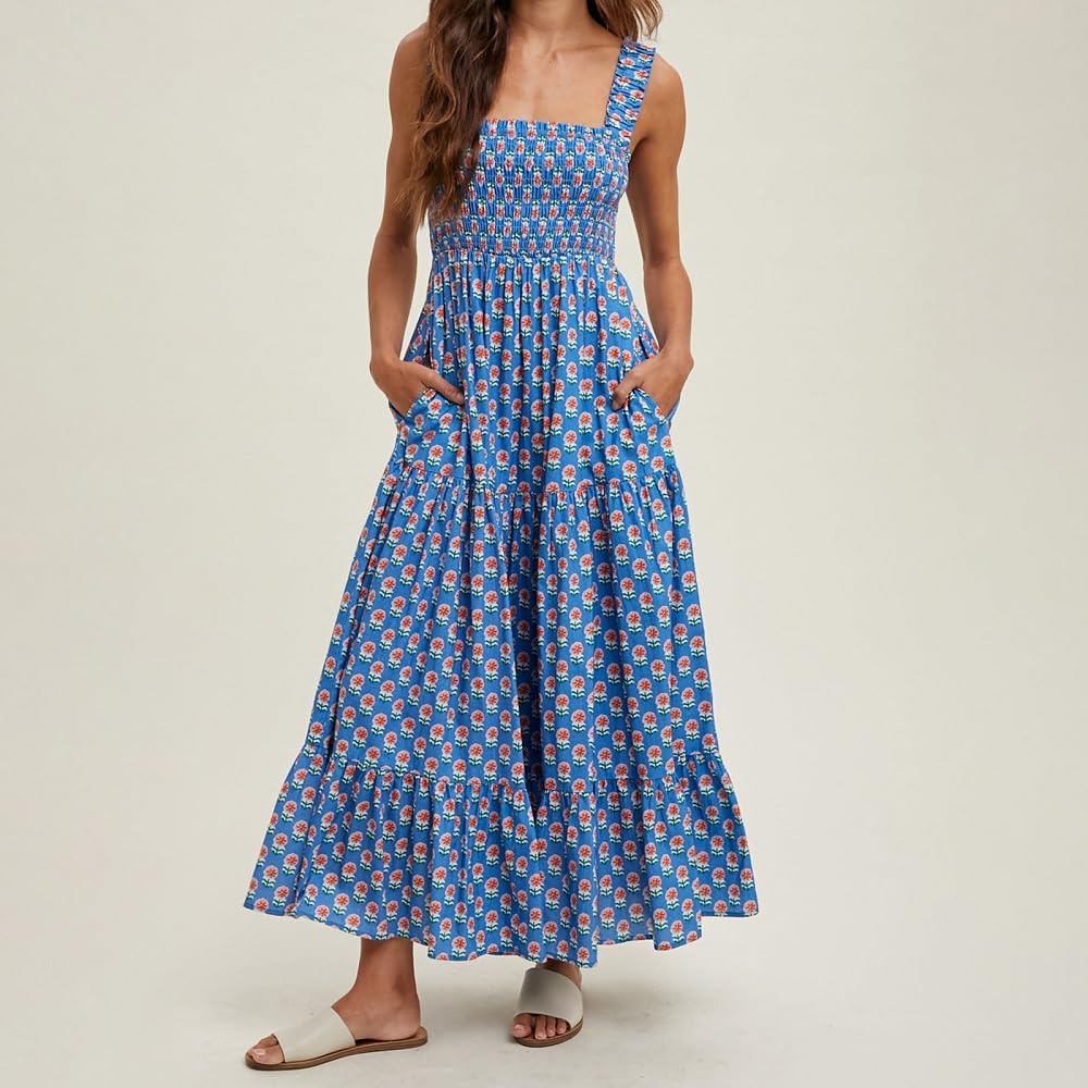 Women Bohemian Graphic Maxi Dress Spaghetti Strap Flowy Cami Dress Floral Tiered Sundress Y2K Summer Beach Dresses - Image 3