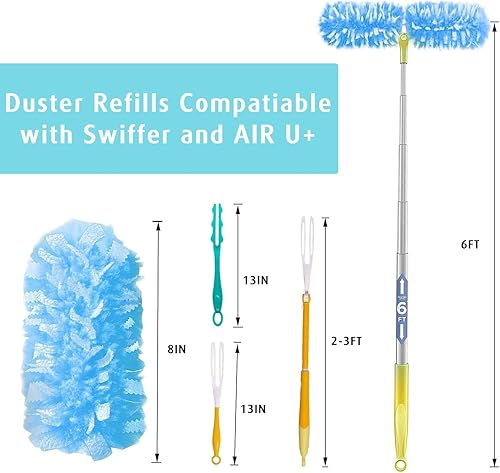 Vista 6 de Recambio de plumero para Swiffer Duster, 30 repuestos de plumero resistentes de 2 lados 360° con 1 mango, 4 microfibras, plumeros desechables