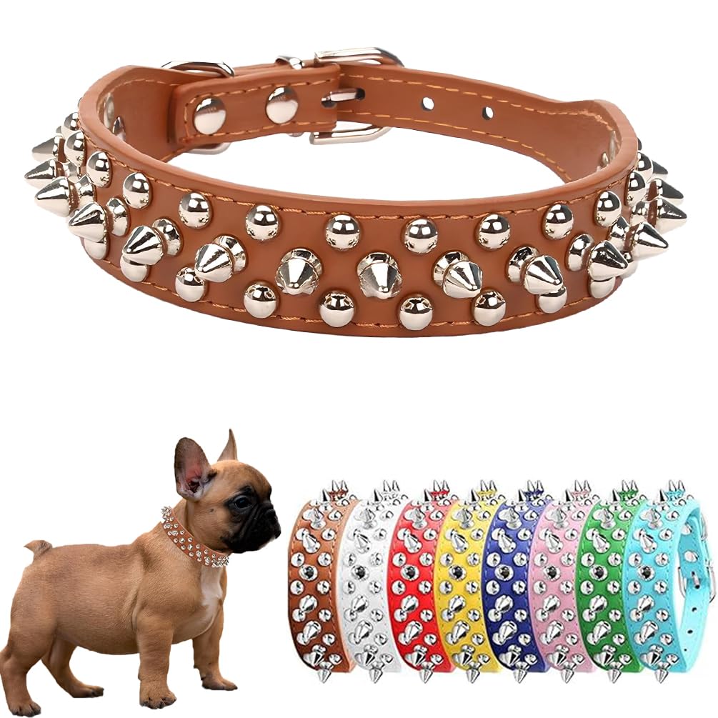 PSPORT Spiked Dog Collar Soft PU Leather Rivet Spike Puppy Collar Studded Cat Collars Metal Buckle Adjustable for Small Medium Large Breed Pets Like Chihuahua Pug Pit Bull Bulldog, Brown S — image 1