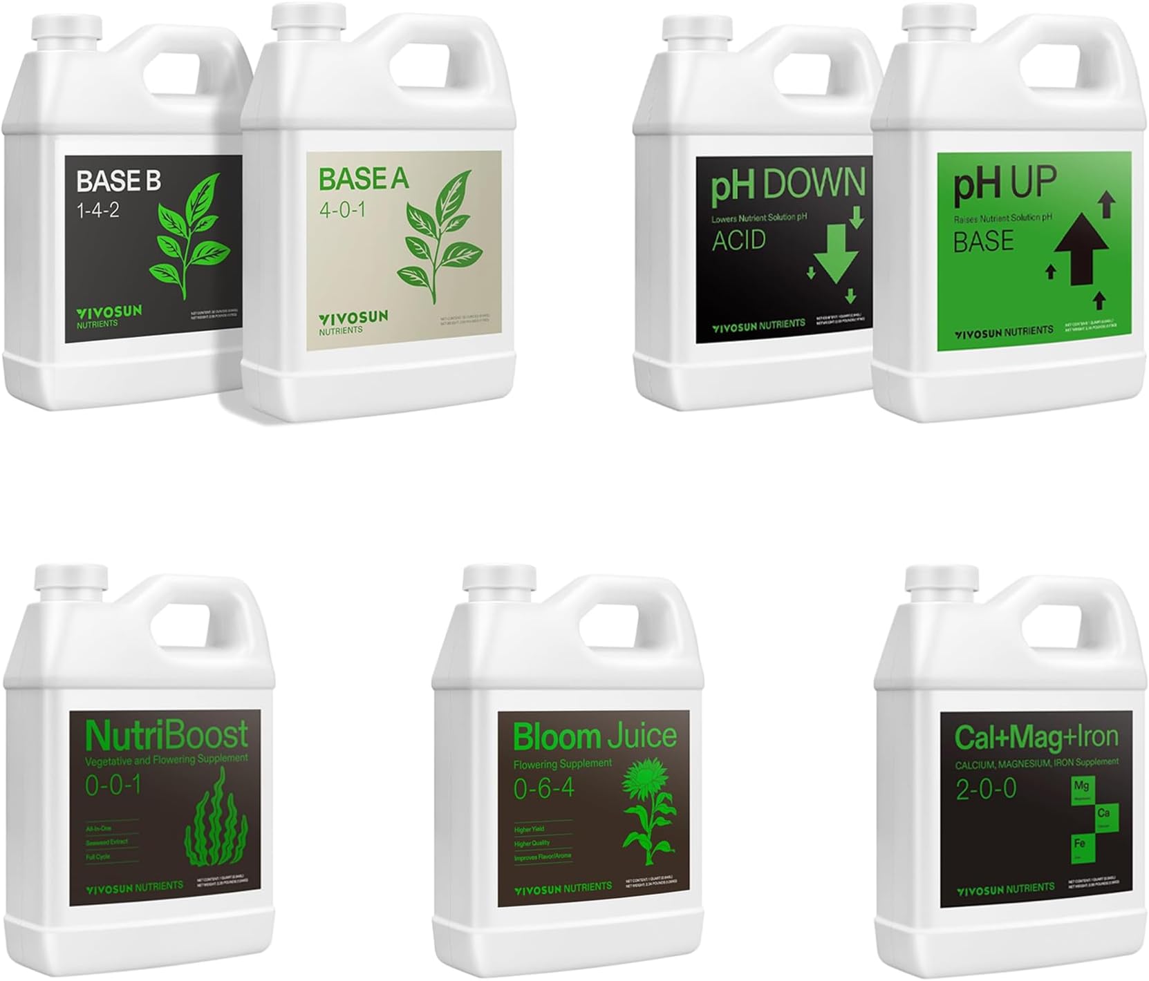 Nutrient Solution Complete Set, Base A & B Bundle, Bloom Juice (0-6-4), Flowering Supplement Fertilizer, Cal+Mag+Iron (2-0-0), Calcium, Seaweed and Kelp Fertilizer and pH Up & pH Down Kit