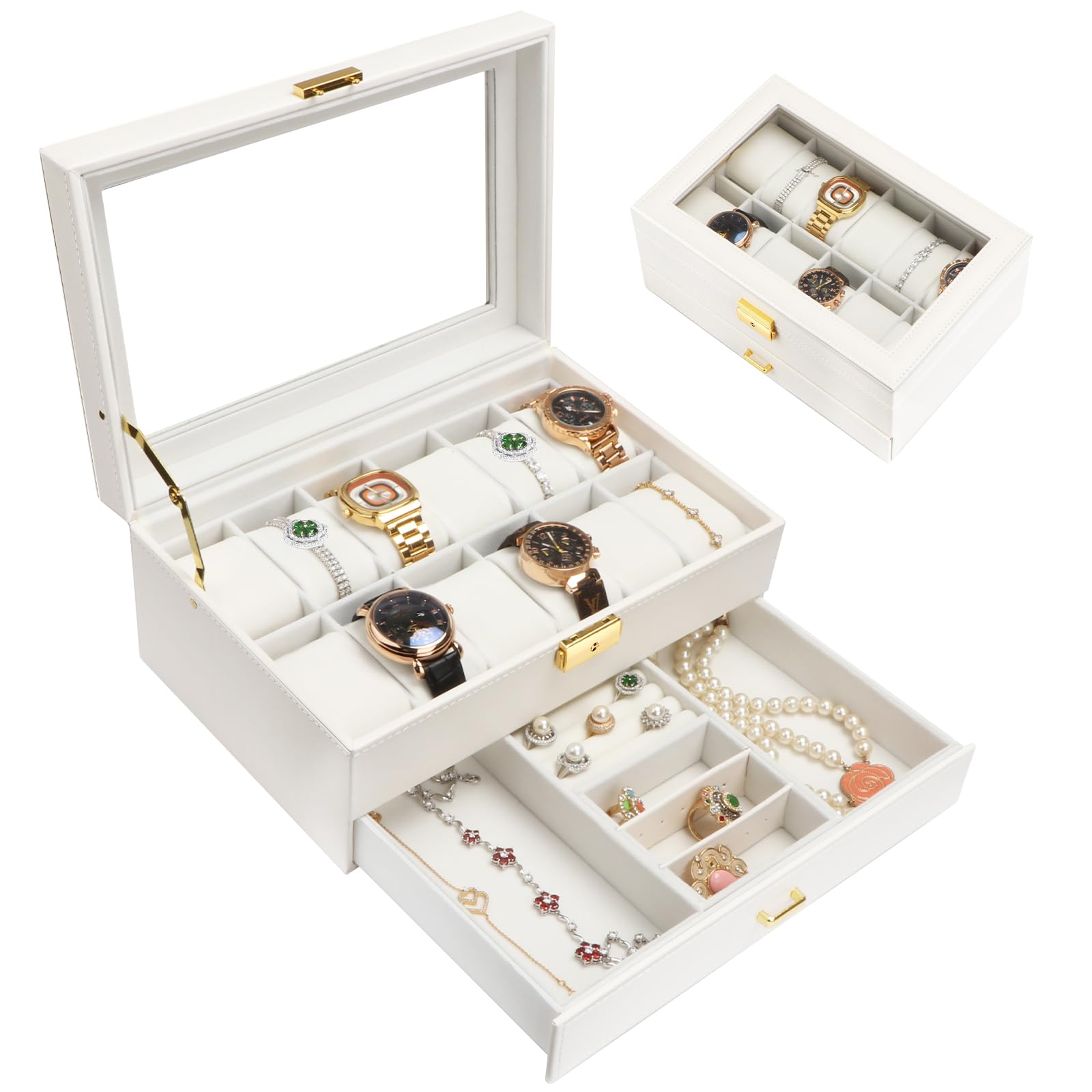 Homarket 12 Slot Watch Box Case Lockable with Glass Lid, 2 Layers Watch Holder Organizer Display with 1 Drawer for Rings and Bracelets