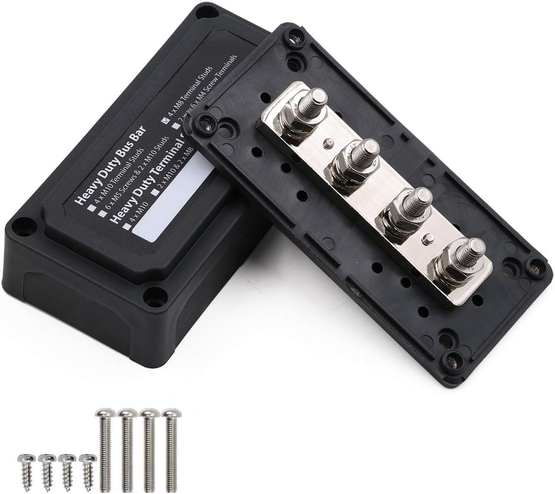 300 Amp Bus Bar Box 4X 5/16" Studs Battery Distribution Connecting Block 12V - 48V DC, Red & Black, 2 Pack