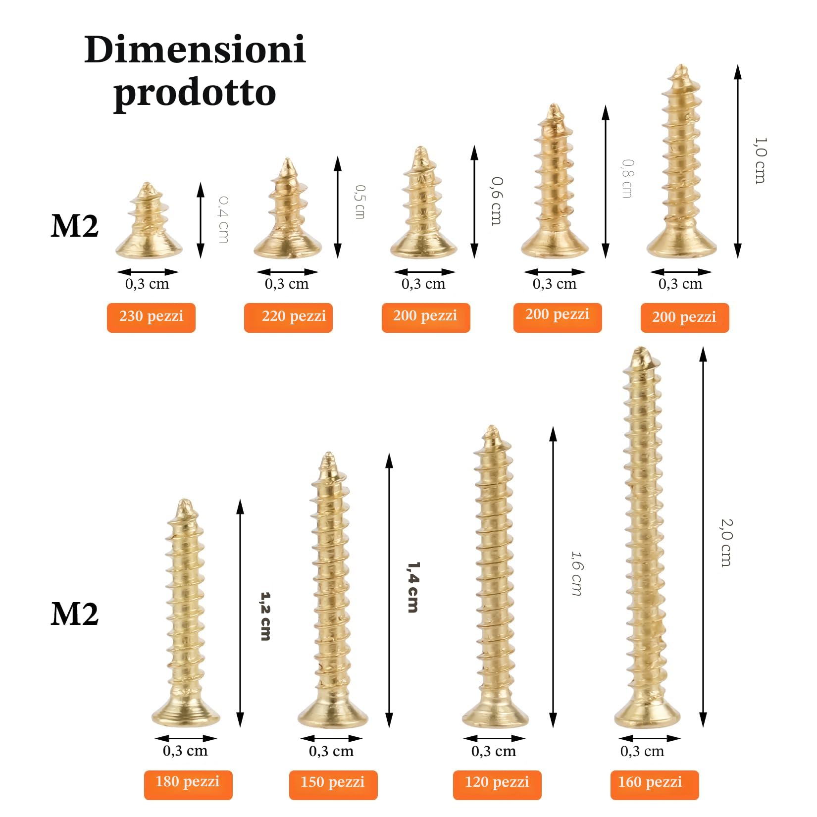 1660 Pz M2 Viti per Legno, Set diViti Autofilettanti per Legno, Piccole Viti a Testa Piatta a Croce, Kit AssortimentoViti a Testa Svasata Croce per Cartongesso Plastica Mobili Modellismo(Oro)