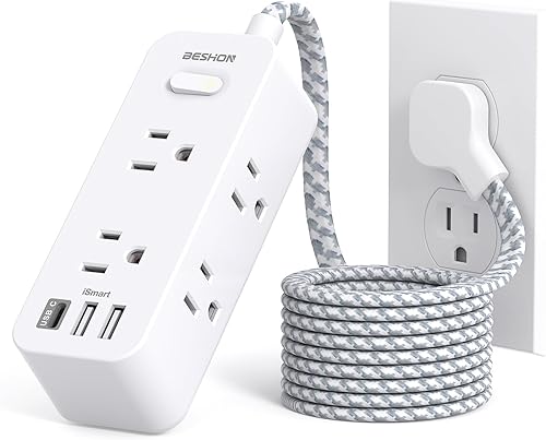 Flat Plug Power Strip, BESHON Flat Extension Cord, 5ft Ultra Thin Flat Plug Extension Cord - 6 AC with 3 USB Ports(1 USB C), Wall Mount, 3-Side Power Strip Surge Protector for Dorm Room Essentials