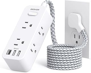 Flat Plug Power Strip, BESHON Flat Extension Cord, 5ft Ultra Thin Flat Plug Extension Cord - 6 AC with 3 USB Ports(1 USB C), Wall Mount, 3-Side Power Strip Surge Protector for Dorm Room Essentials