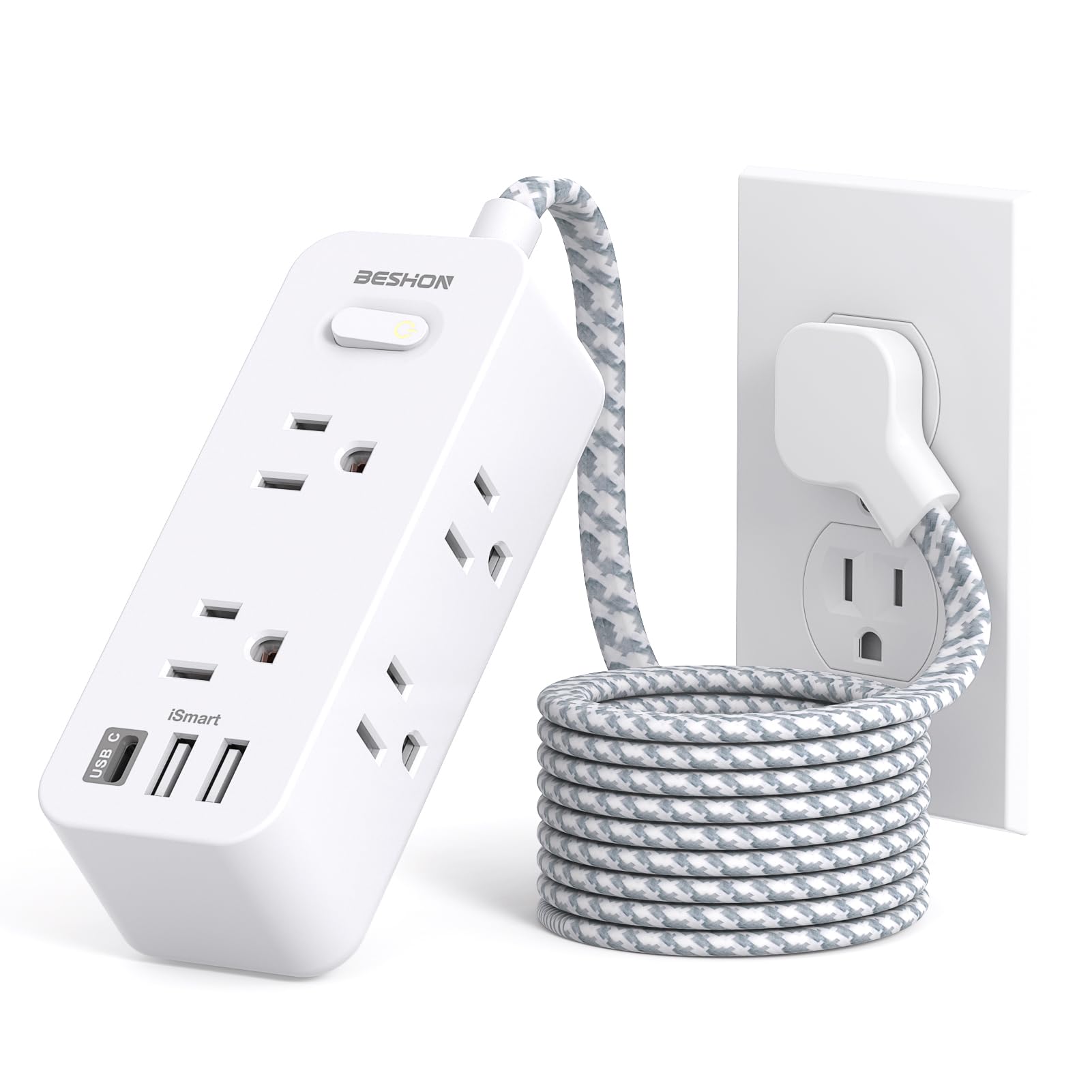 Flat Plug Power Strip, BESHON Flat Extension Cord, 5ft Ultra Thin Flat Plug Extension Cord - 6 AC with 3 USB Ports(1 USB C), Wall Mount, 3-Side Power Strip Surge Protector for Dorm Room Essentials