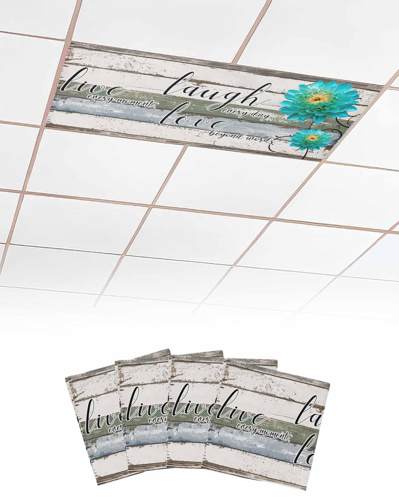 Vintage 4 Pcs Fluorescent Light Covers for Ceiling Lights, Abstract Vintage Art Dahlia Flowers Magnetic Light Filters for Eliminate Harsh Glare Classroom Office Decoration, 4 x 2 Ft