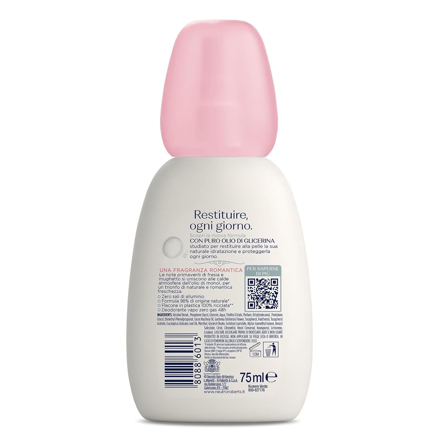 Neutro Roberts Fresco Deodorante Spray, Monoi e Freesia, senza sali di alluminio, con olio di glicerolo puro, protezione 48h, 75 ml, confezione da 12, + Italy shop portachiavi gratuito