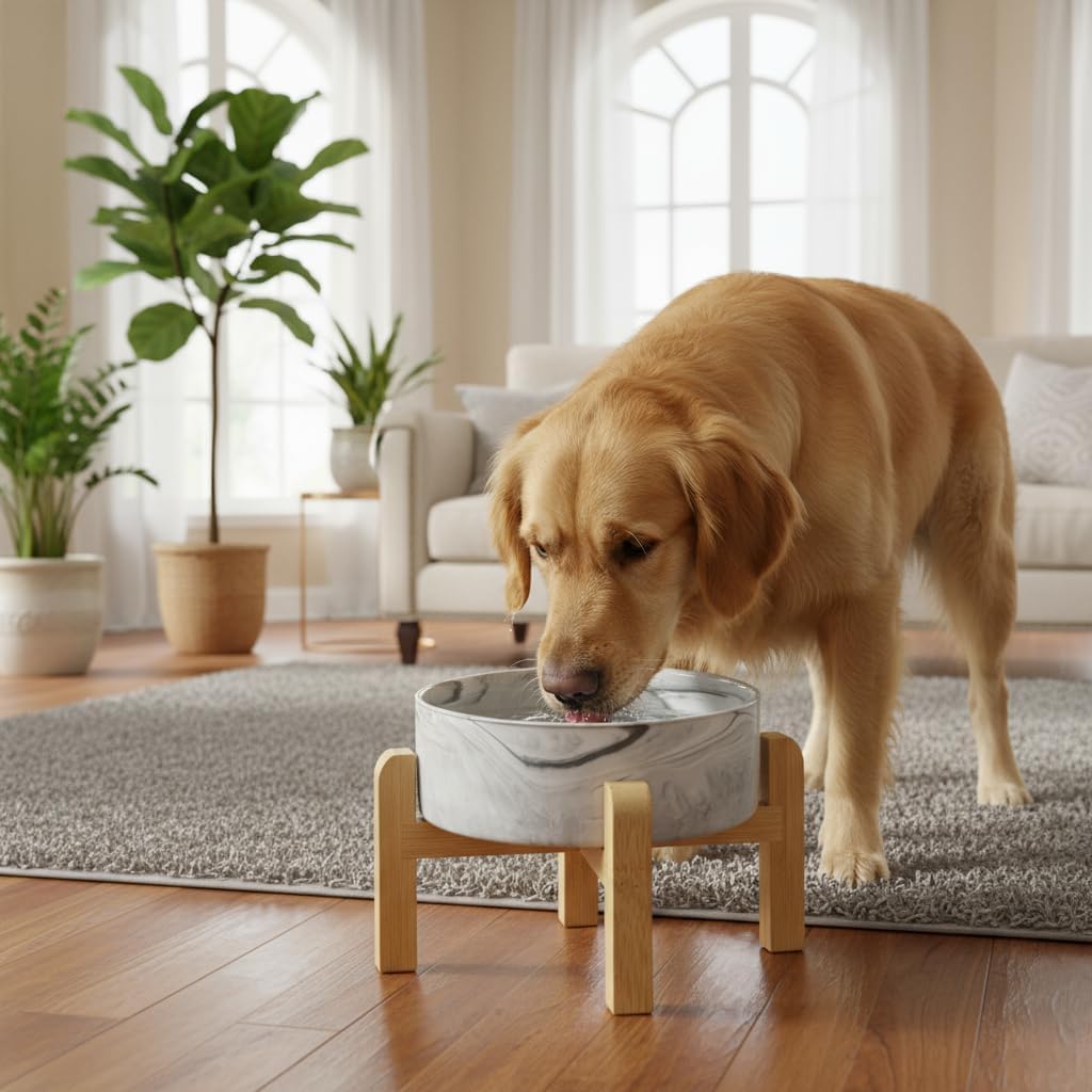 Elevated/Raised Ceramic Dog Bowl with Bamboo Stand,Marble Pattern 7 Inch 7.6 Cups Non Slip Heavy Weighted Single Pet Dish,Reduces Neck Strain Marble Gray