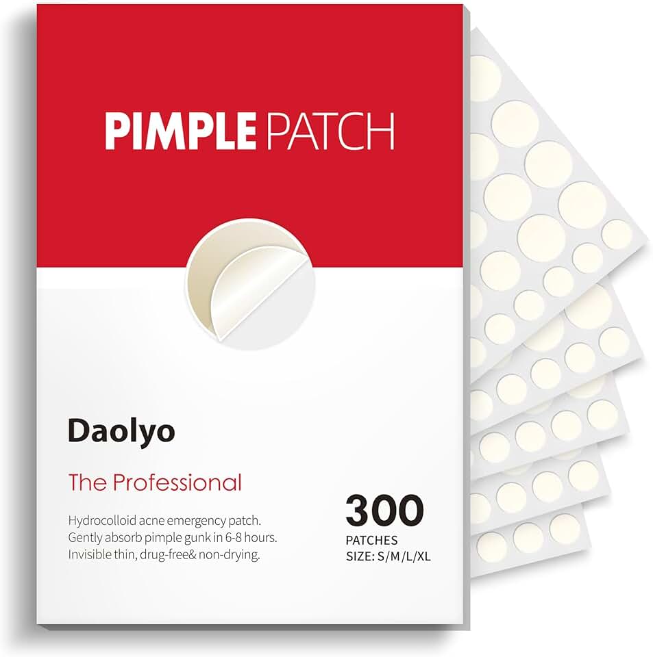 Daolyo Pimple Patches for Face, 4 Size 300 Counts Acne Patches, Hydrocolloid Patches for Covering Zits and Blemishes, Spot Stickers with Salicylic Acid, Tea Tree Oil &amp; Calendula Oil ClimatePartner certified