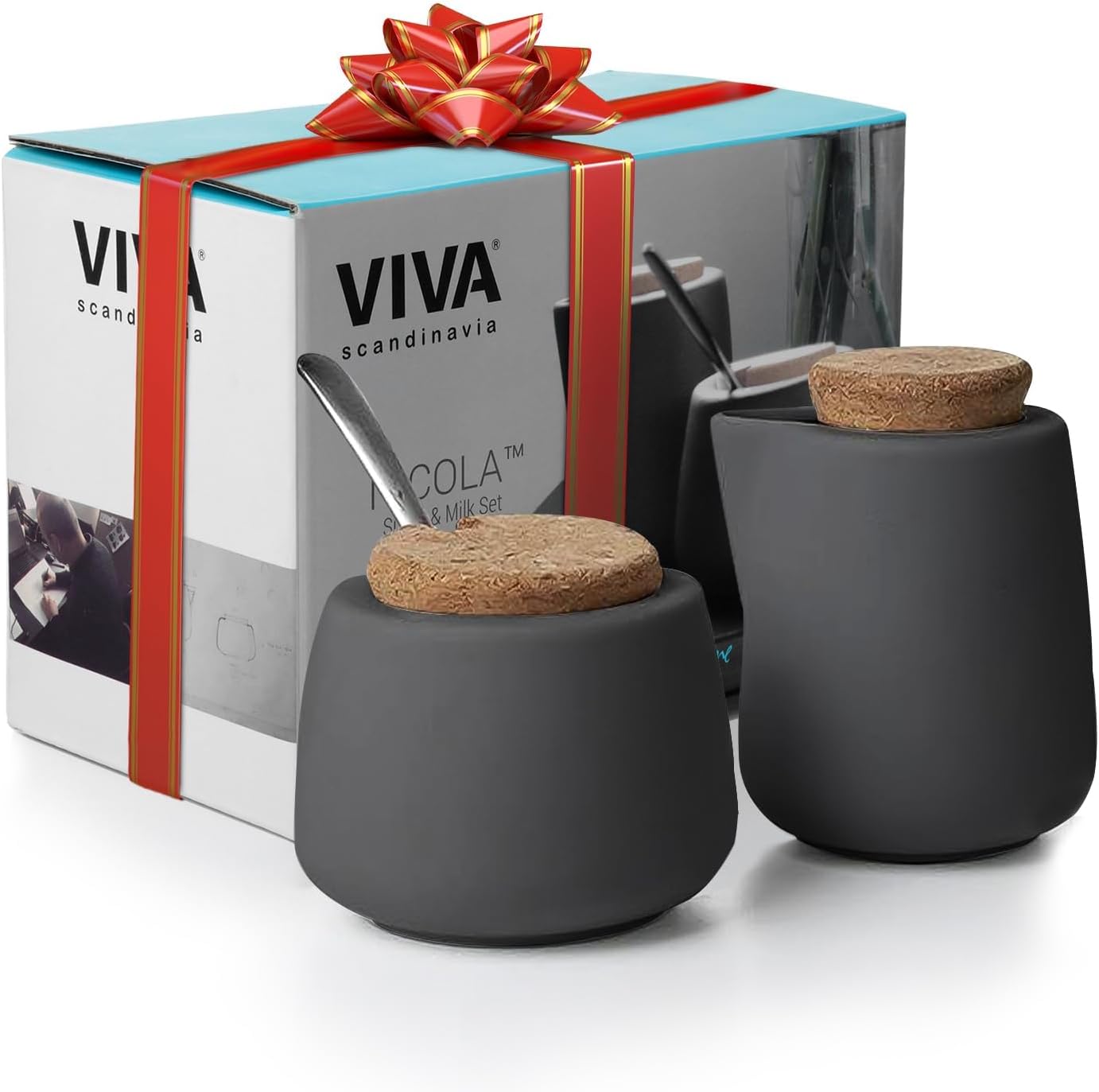 Viva Nicola Charcoal Sugar and Creamer Set, Porcelain Coffee and Tea Serving Set - Cream Pitcher and Sugar Bowl with Cork Lid and Metal Spoon, 7oz / 200ml Milk and Sugar for Coffee Bar