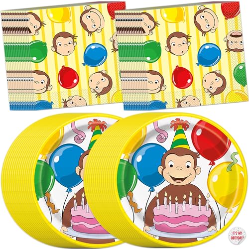 Curious George Plates and Napkins | 32 Plates and 32 Napkins | Curious George Birthday Decorations for Party | Officially Licensed