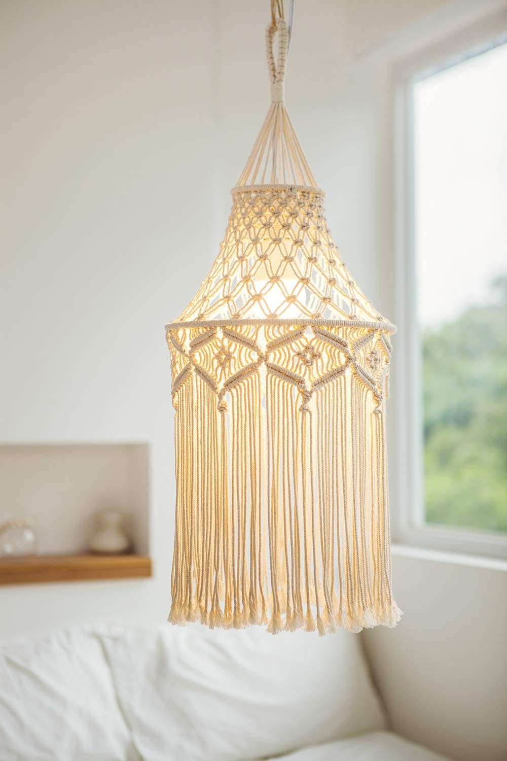 Mkono Macrame Lamp Shade Boho Hanging Pendant Light Cover Bohemian Lamps for Office Bedroom Living Room Nursery Dorm Decor（Lightbulb Not Included）
