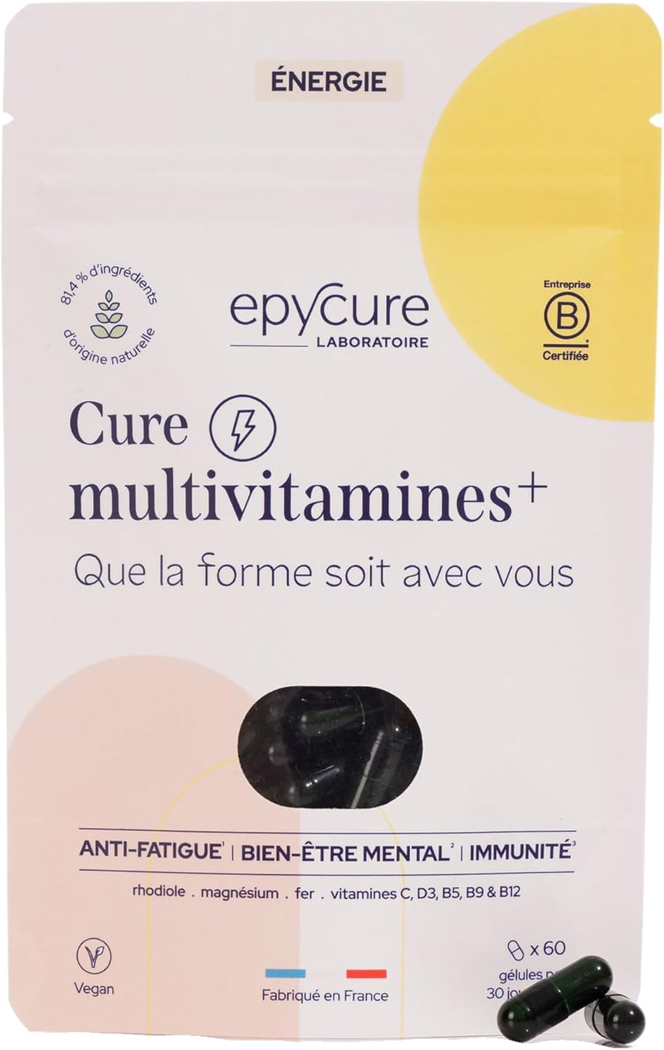 EPYCURE – Anti-Fatigue Cure – Fights Physical & Mental Fatigue, Reduces Stress, Relaxes the Body – 87% Natural – Rhodiole, Magnesium, Vitamins B3, B6, D3, Iron – 1 Month – Vegan – Made in France