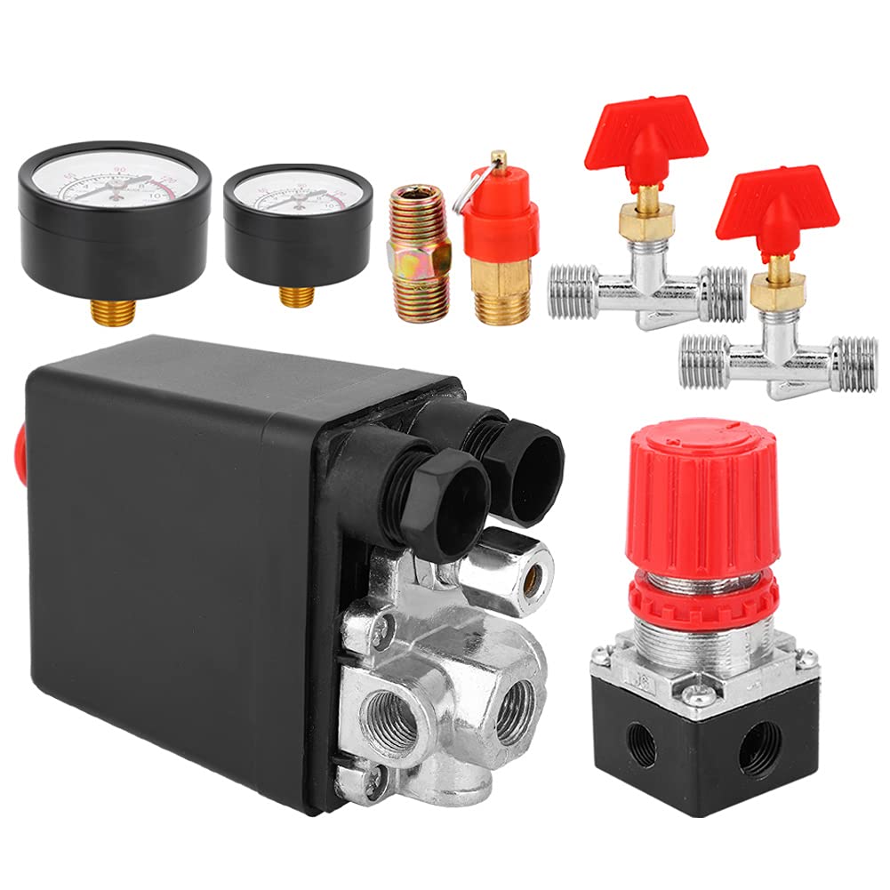 Air Compressor Pressure Switch Control Valve with Regulator Gauge Square Outlet Safety Valve for Direct Line Compressor(Four-Hole Pressure Regulating Valve)