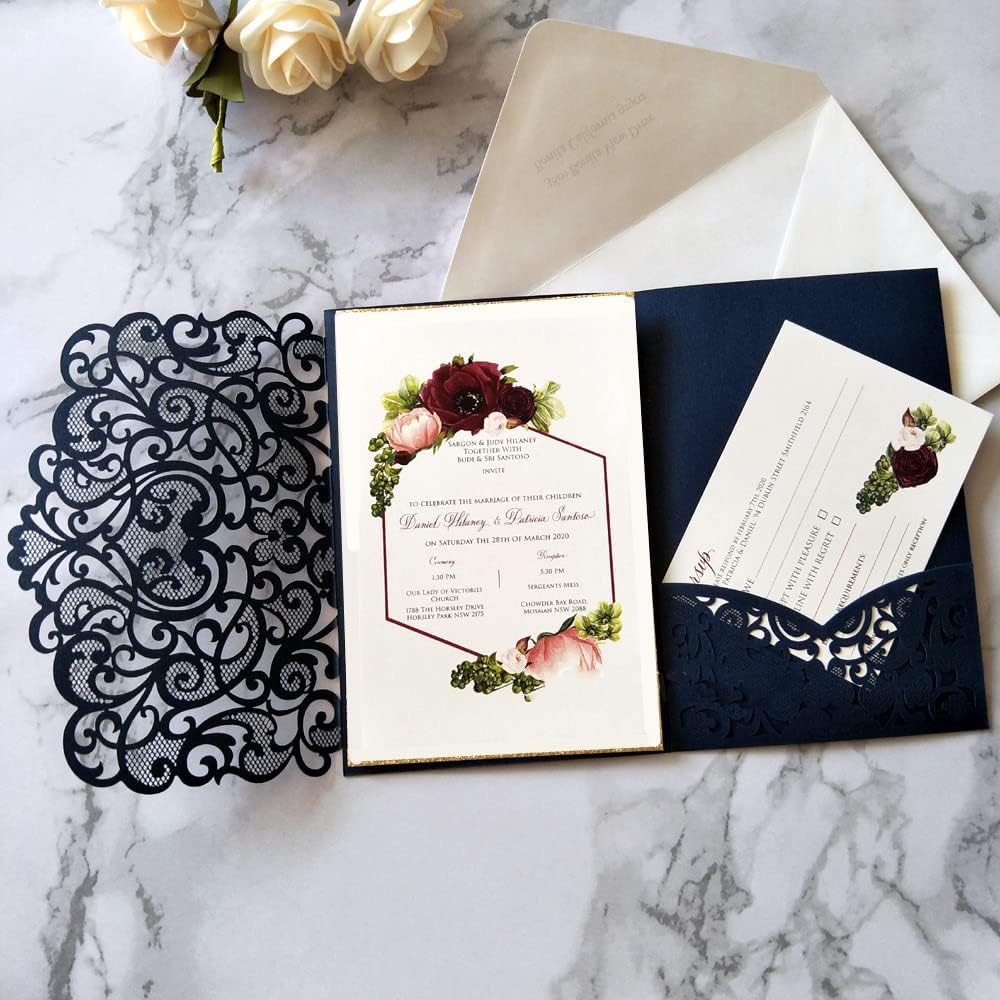 50 Sets Tri fold Love Hollow Laser cut Wedding Invite Invitation Card with Inserts & envelopes for Party Birthday Quinceañera Invite 4.92 by 7.28 inches (Burgundy, Whole set)
