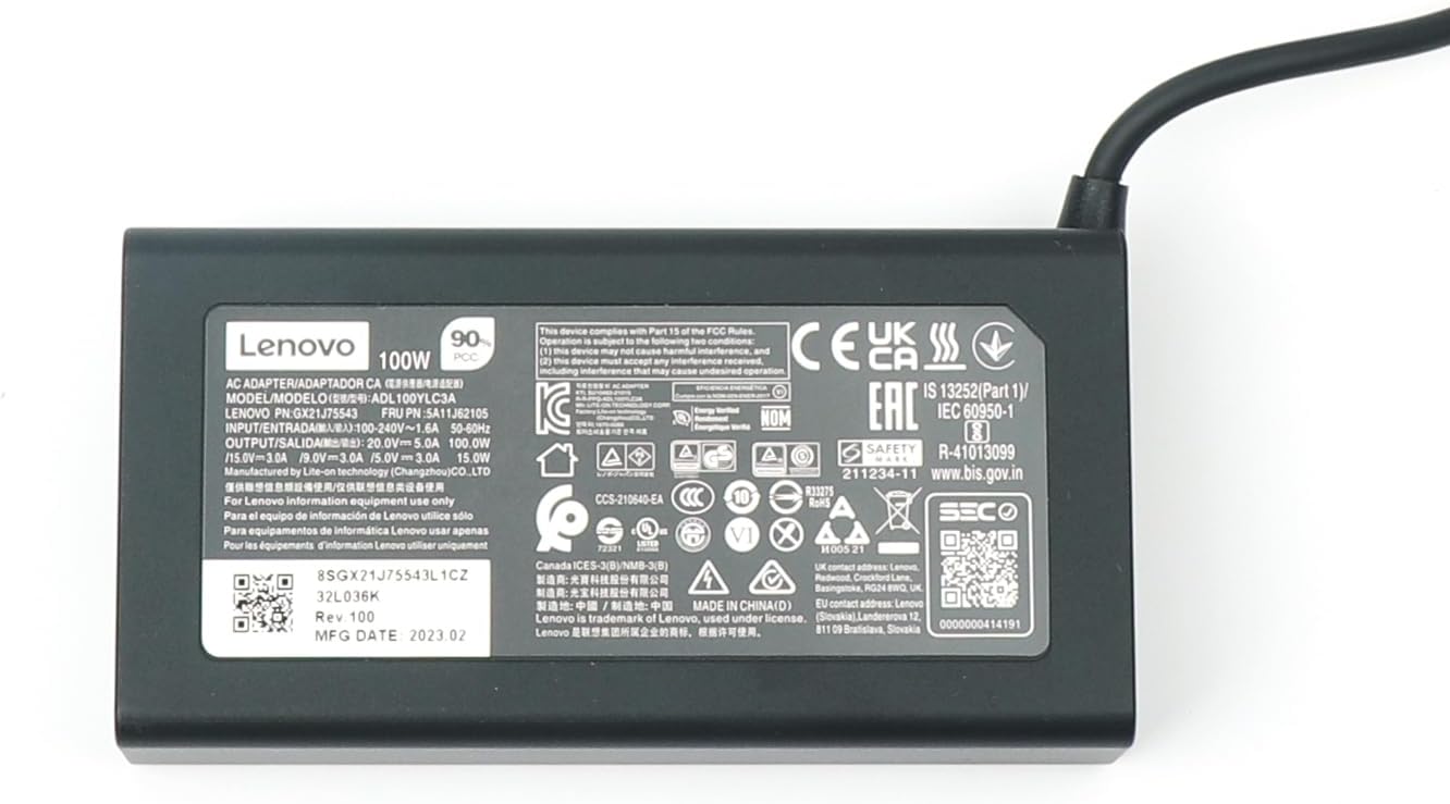 Lenovo Laptop Charger 100W Watt USB Type C(USB-C) AC Power Adapter - ldeapad 5 Pro 16, ThinkBook 15 16, Black, ADL100YLC3A