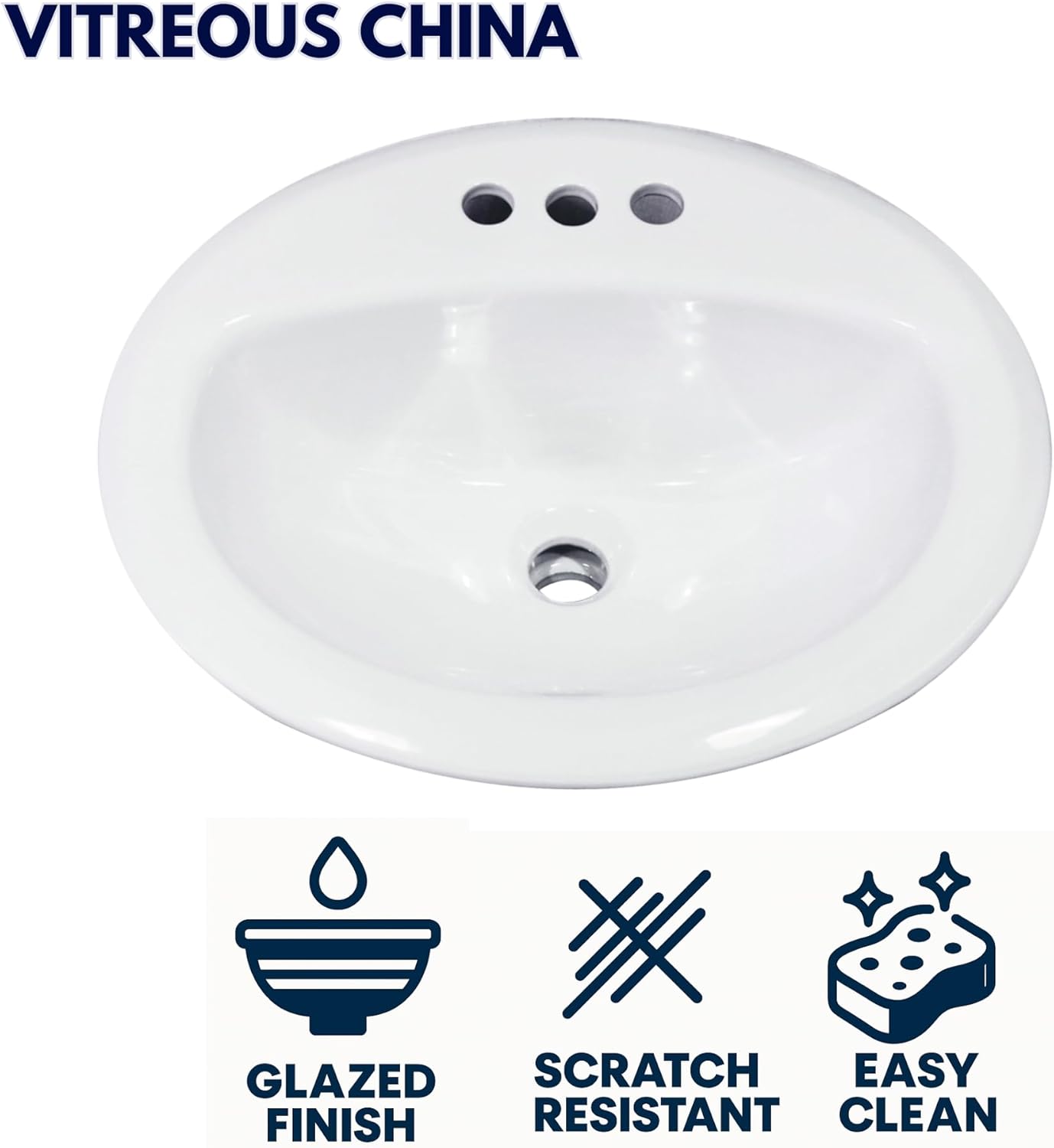 Nantucket Sinks DI2017-4 Drop In Bathroom Sink – 20.25" Top Mount Bath Vanity Sink, White, Oval Bowl, 3 4" Faucet Holes, High-Gloss Vitreous China, Scratch & Stain Resistant – Great Point Collection