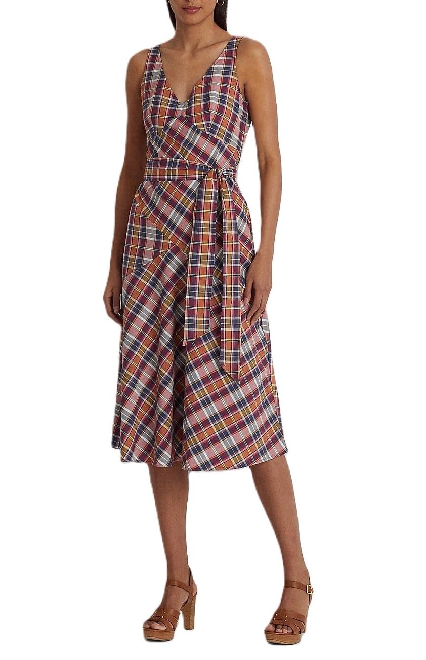 Lauren Ralph Lauren Womens Madras Plaid Cotton Midi Dress Pink 14 at
