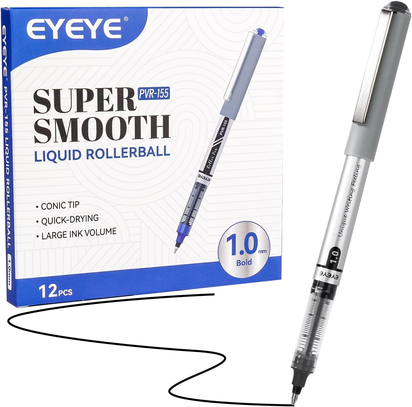 EYEYE Black Rollerball Pens 1.0mm 12 Pack, Roller Ball Pen Bold Point Quick Dry, Liquid Ink Pens Fine Point Smooth Writing Pen for Journaling, Note Taking, Office, School Supplies