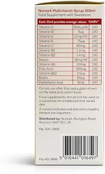 Multivitamin Syrup 150ml Sugar Free Orange Flavour Daily Vitamin Supplement with Vitamins A, C, D, E, K & B Complex for Children & Adults