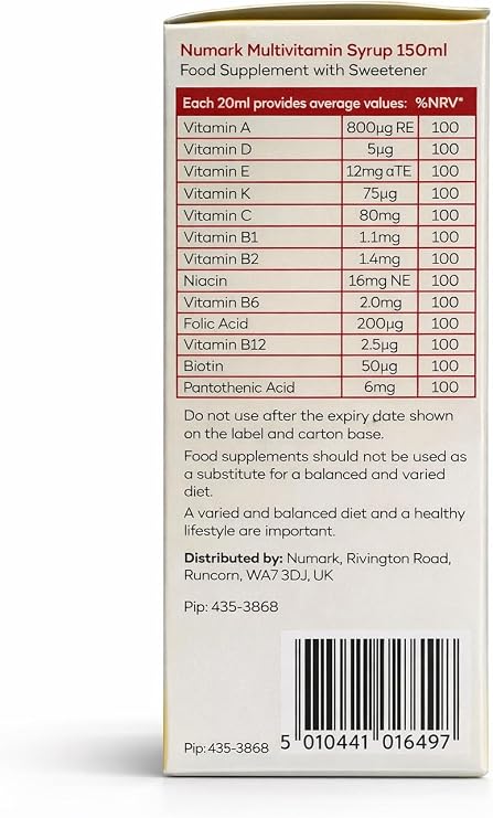 Multivitamin Syrup 150ml Sugar Free Orange Flavour Daily Vitamin Supplement with Vitamins A, C, D, E, K & B Complex for Children & Adults