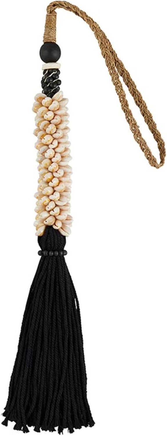 47th & Main Hanging Beach Décor Boho Style Twine Tassels with Shells, 29" Long, Black/Ivory