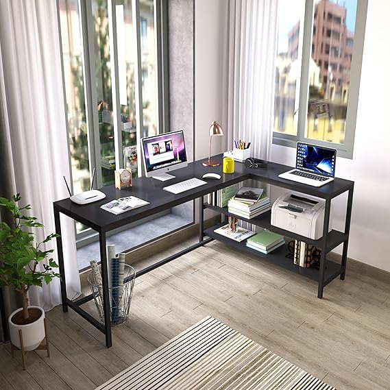 Image of Amazon Brand - Solimo L-Shaped Study Table for Students & Adults | Corner Computer Desk for Home & Office | Gaming Table | Wood & Metal | Classic Full Black | DIY Installation