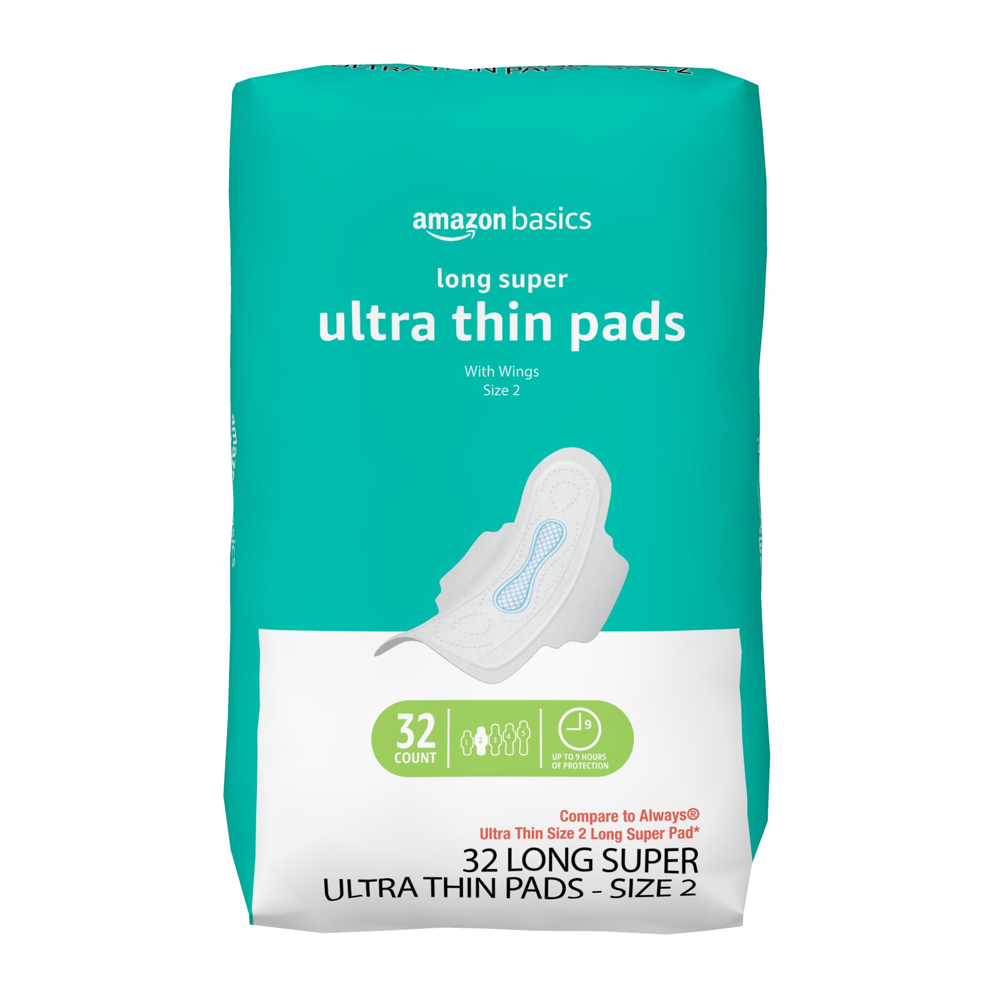 Amazon Basics Menstrual Pads for Women With Flexi-Wings Long Length Size 2 Super Absorbency 32 Count Pack of
