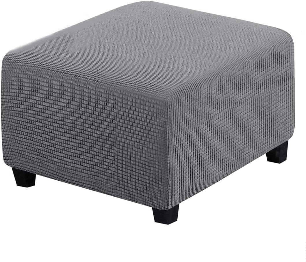 Square Ottoman Slipcover Polyester Blend Folding Storage Stool Furniture Protector Stretch Ottoman Cover with Elastic Bottom Small Checks Jacquard Fabric Machine Washable (Gray)