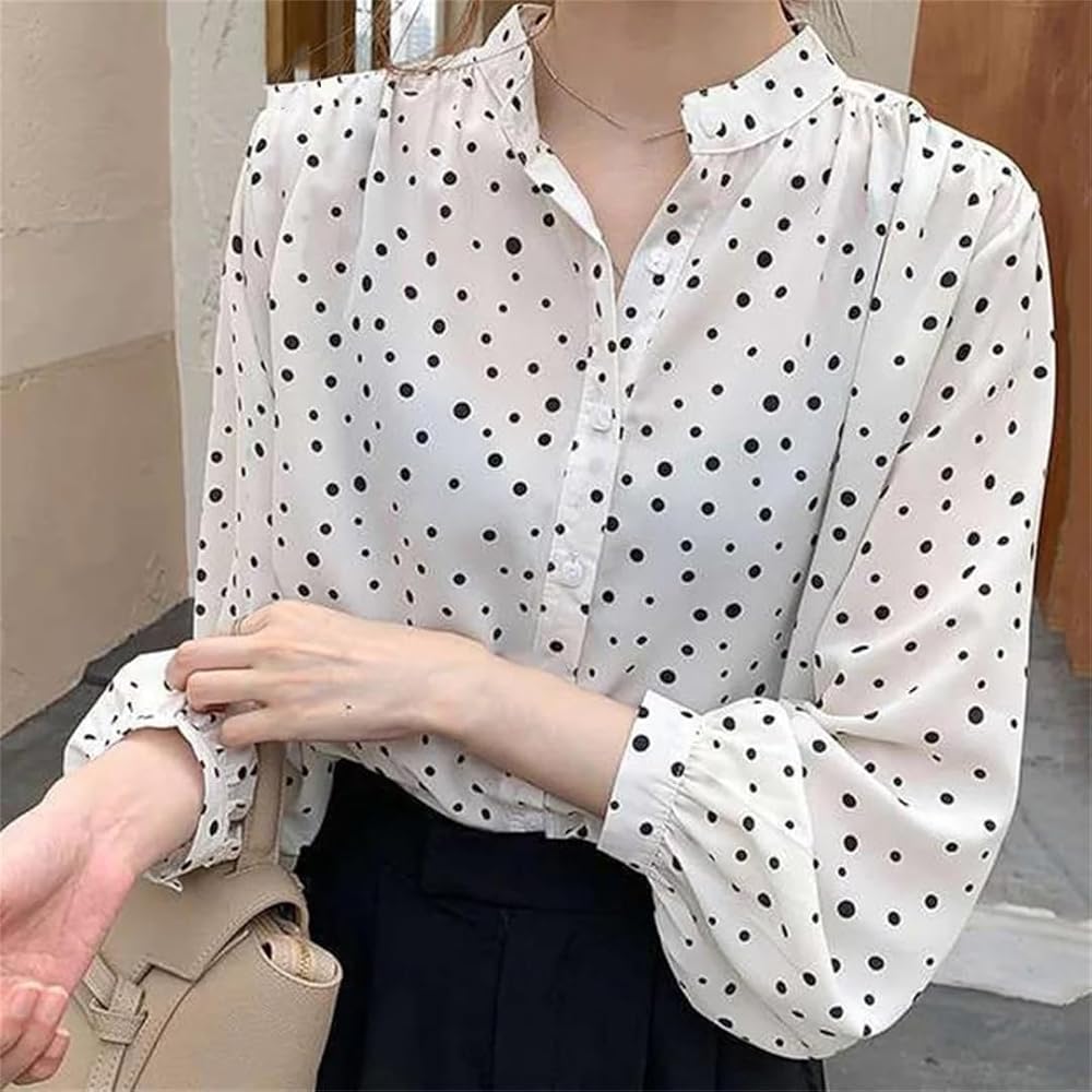 ※さち※TODAYFUL Chiffon Dot Blouse Women's Office Lady Chiffon Shirts Dot Print Stand Collar Blouses
