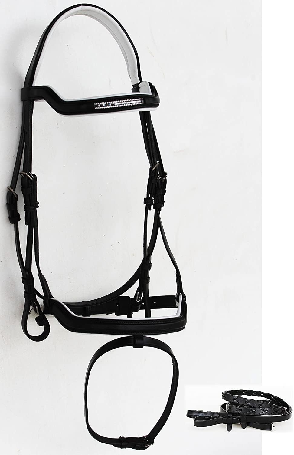 Leather English Bridle Cowhide Genuine Headstall Reins Horse Crossover Crossunder Raised Fancy Stitched Laced All Purpose Jumping Dressage Rubber Crystal Adjustable Browband Size:Full-Cob, M30