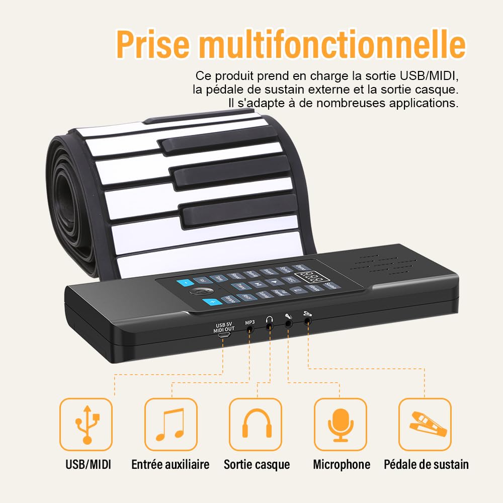 Piano enroulable portable à 88 touches avec Bluetooth MIDI avec 128 tons et rythmes, support de clavier de piano enroulable alimentation externe pour débutant, enfant, adulte, cadeau de Noël ou