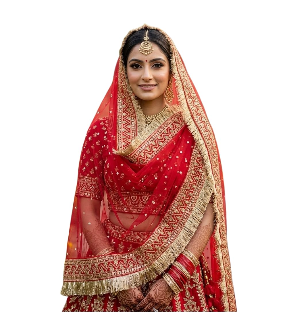 wedding Bridal Red Net Dupatta With Embroidery Border & 4 Side Kiran (2.25m)-image-21