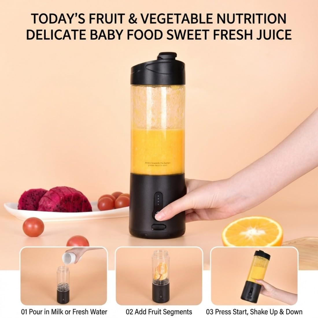 HD-06 Mélangeur portable 600 ml Taille personnelle 150 W sans fil Smoothie Maker Dortoir Rechargeable USB Mini mélangeur de fruits pour voyage, sport, bureau, shakes alimentaires, noir/HD-06