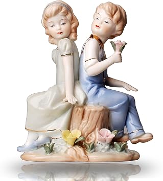 Porcelain Boy Girl Statues Ceramic Couples Figurines Flower Sculpture, Pottery Home Decor, Art Figure Desktop Decorations, Collectible Great Gift Crafts, Ornaments for Home Party