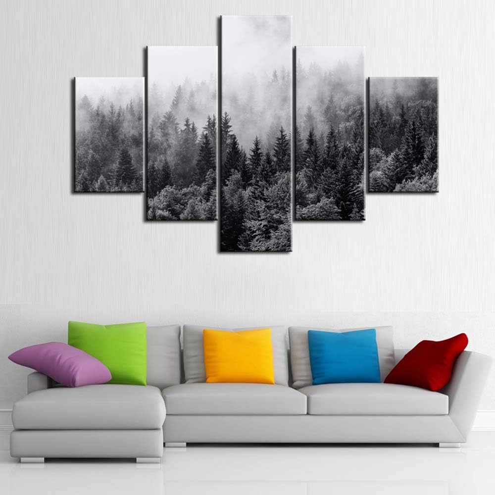 Wall Art Decor Large 5 Piece Black and White Sunshine Foggy Forest Landscape Canvas Prints Trees Wall Decoration Framed and Stretched Painiting for Living Room Office Artwork Ready to Hang 60"W x 40"H 60"W x 40"H Artwork-20