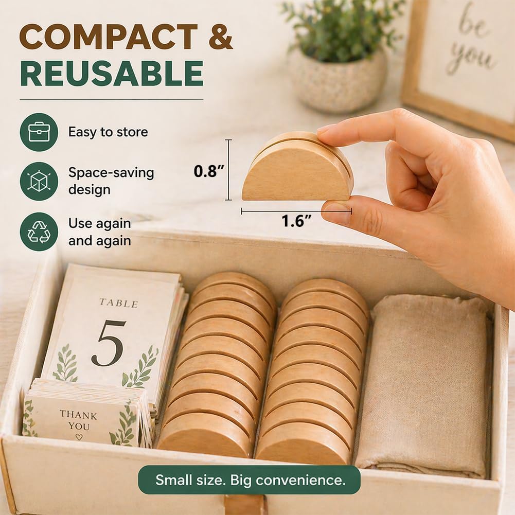 24/50/100 Pcs Place Card Holders, Wooden Table Tent Holder with Card & Self-Adhesive Backing, Semicircular Design Table Number Stands for Retail Shop Wedding Party Events Decoration (100, Brown)