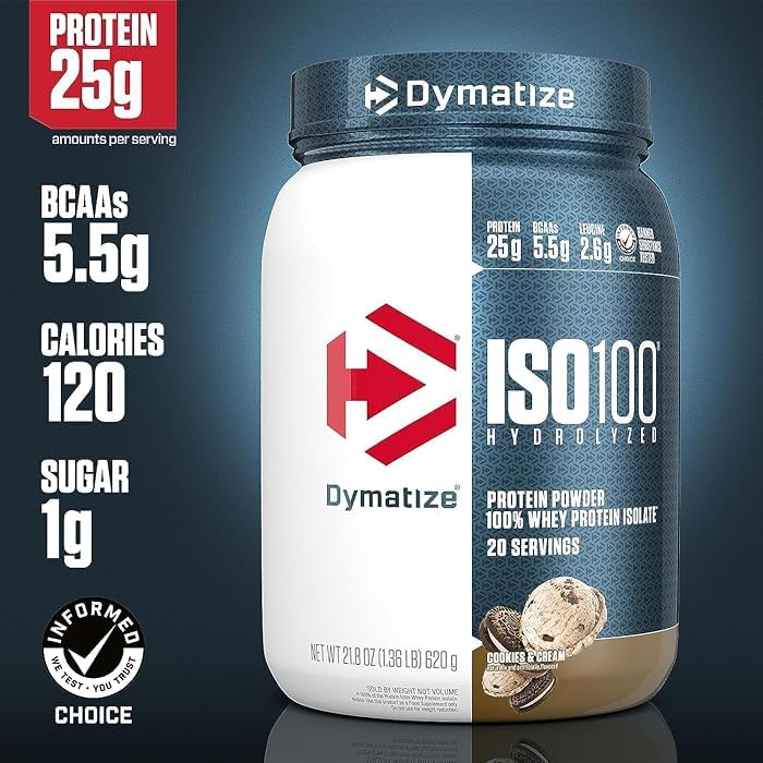Image of Dymatize ISO100 Whey Protein Powder Isolate, Cookies & Cream, 25g of Protein, 20 Servings, 5.5g BCAAs, Less Than 120 Cal., Gluten Free, 1g Fat, 1g Sugar, 2g Carb