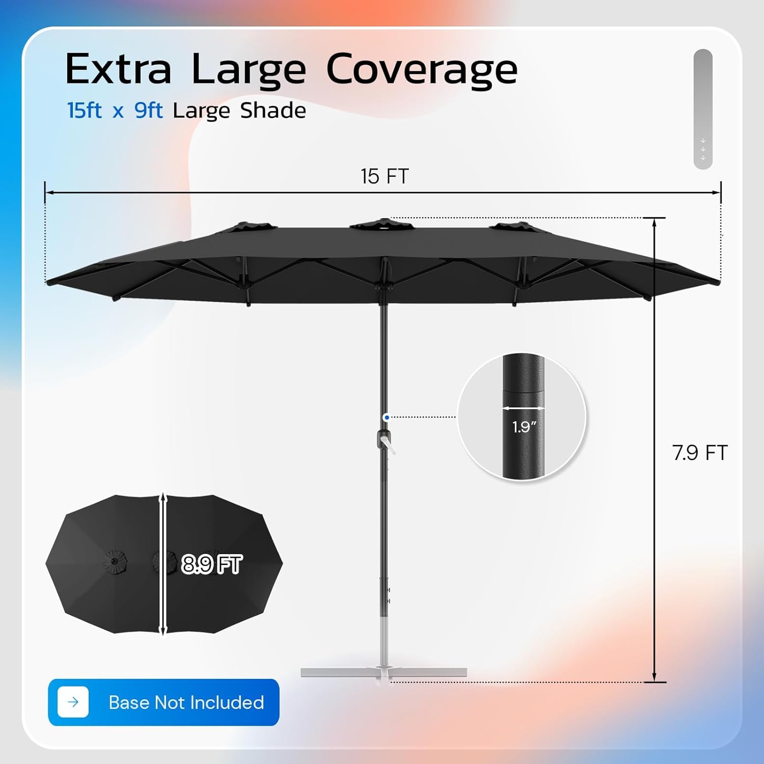 AECOJOY 15x9ft Large Patio Umbrella, Double-Sided Outdoor Market Rectangle Table 177''x104'' Umbrella with Crank Air Vents for Deck Pool Patio(1.9" Pole, Black)