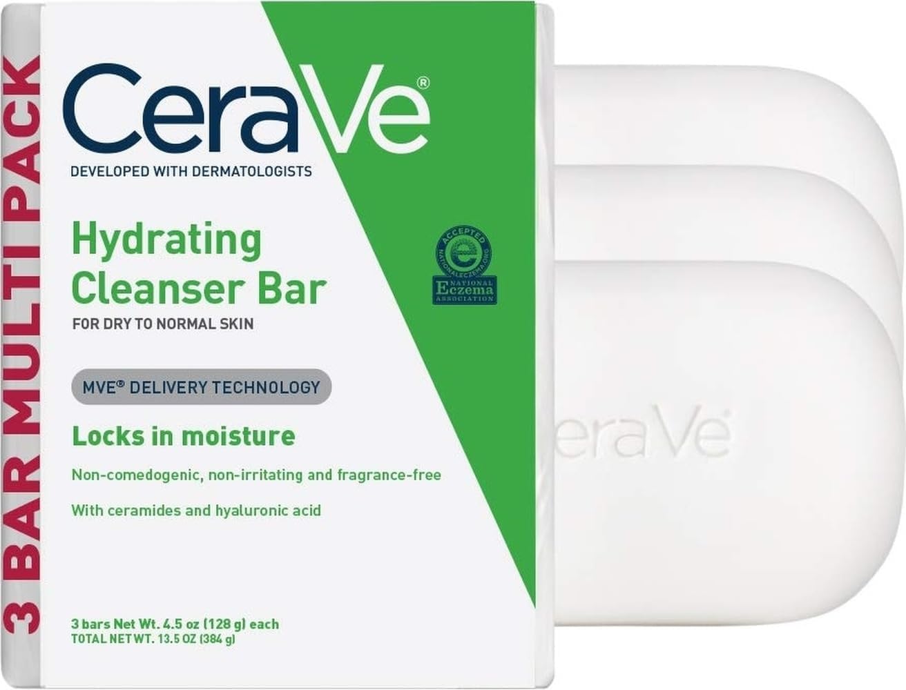 Hydrating Cleanser Bar, Face Wash with 5% Moisturizing Cream, 3-Pack | Soap-Free Body Wash and Facial Cleanser with Ceramides Thoroughly Cleanses without Stripping Skin Of Natural Moisture