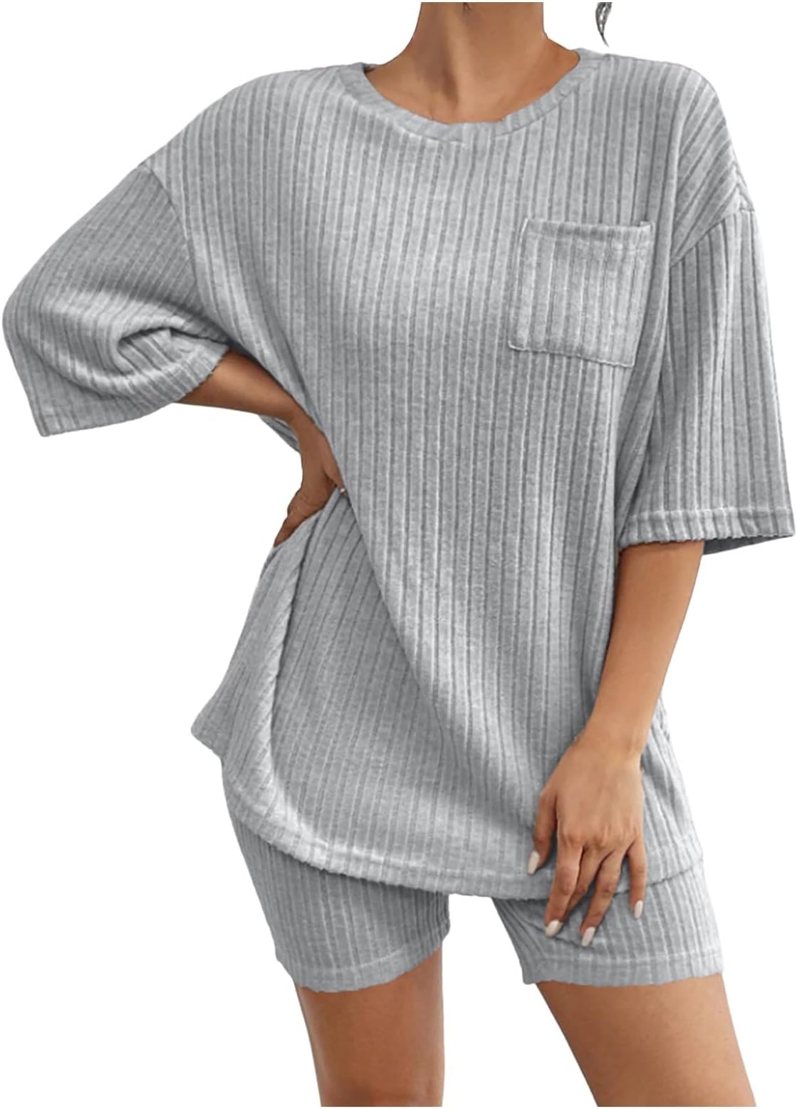 Summer Lounge Sets for Women Lightweight Sweatsuits 2 Piece Outfits Dressy Ribbed Knit Matching Tshirt Shorts Outfits