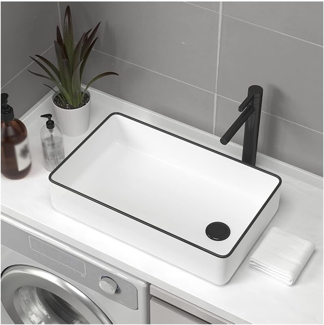 ZR98US 49cm x 31.8cm White Ceramic Rectangular Bathroom Sink, Porcelain Countertop Sink with Black Faucet and Pull-Out Combo Drain Ceramic Bathroom Sink Small Sink