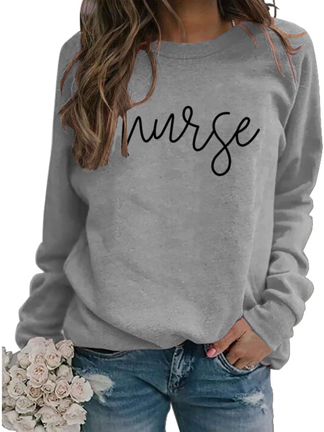Daryi Women’s Long Sleeve Nurse Sweatshirt – Cute Graphic Casual Pullover Top (Color: Gray, Size: Large)