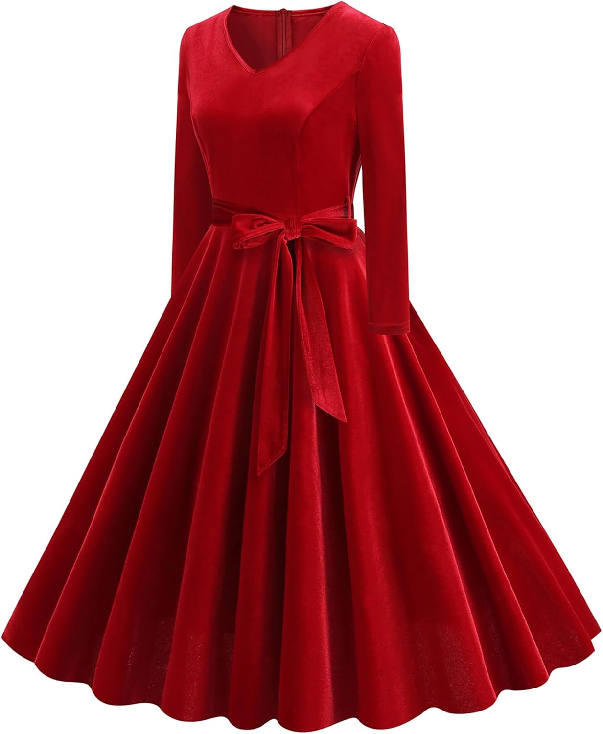 ODIZLI Women's 1950s Retro Vintage Dress Velvet Long Sleeve V Neck Belted Swing Dress Cocktail Dress - Image 2