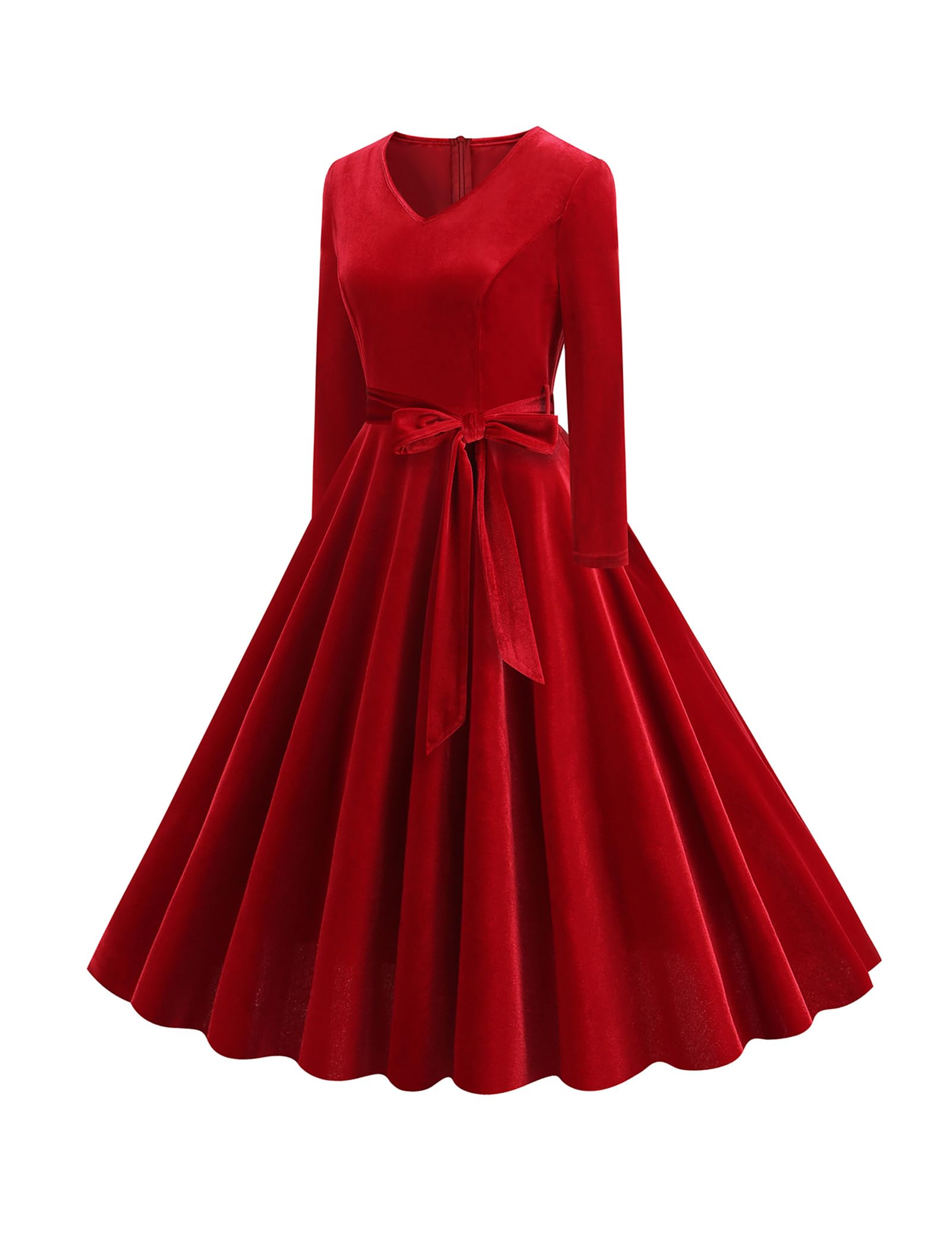 ODIZLI Abito da donna anni '50, in velluto, a maniche lunghe, scollo a V, con cintura, abito da cocktail